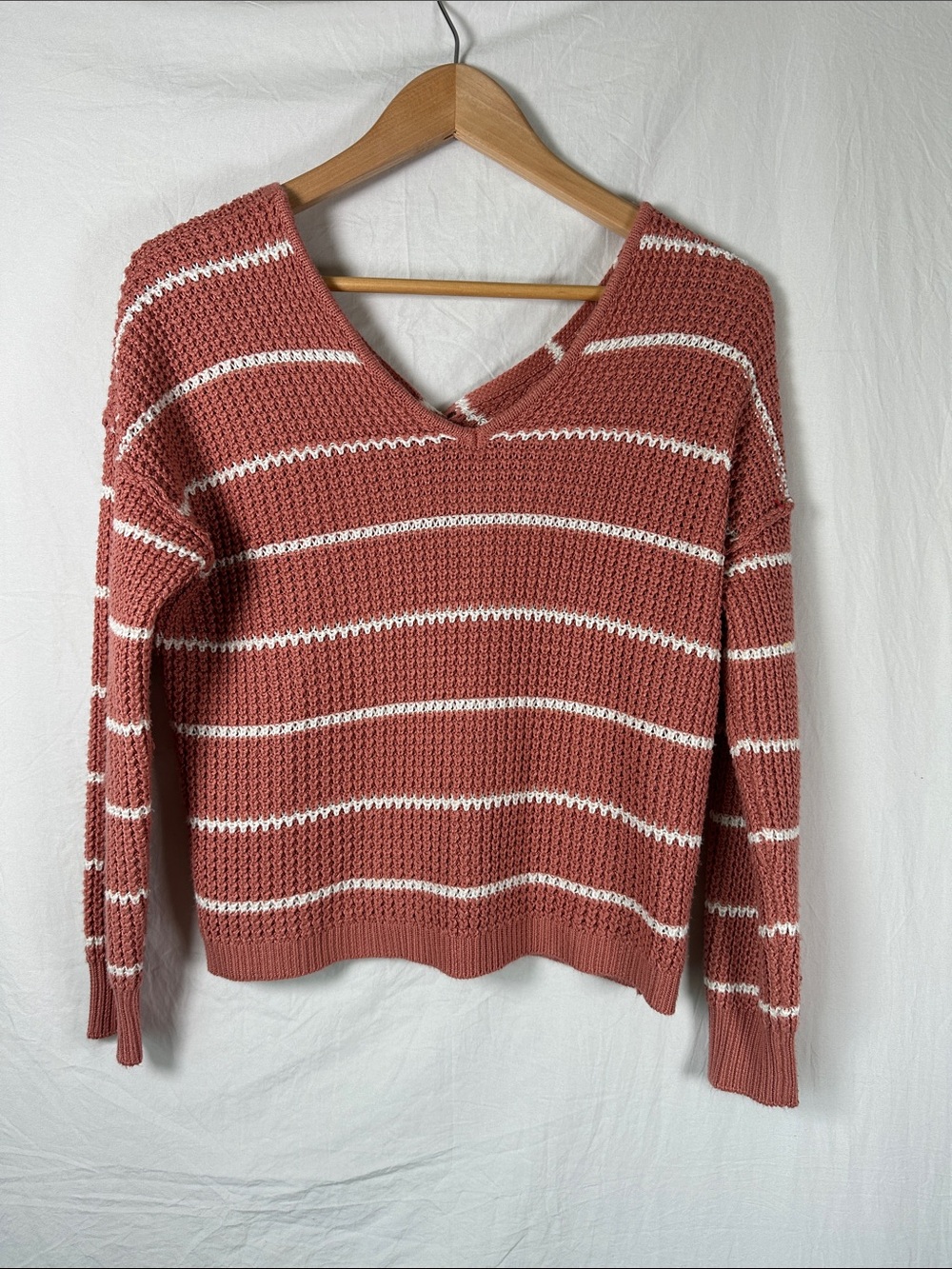 Pink Rose Rose-Taupe & White Striped V-Neck Sweater